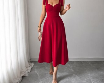 Elegant Tie Shoulder A-Line Midi Dress, Summer Party Cocktail Bridesmaid Wedding Guest