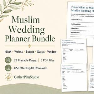 Puede incluir: Un paquete de planificador de bodas musulmanas digital con 73 páginas imprimibles en 5 archivos PDF. El documento incluye secciones para Nikah, Walima, presupuesto, listas de invitados y contactos de proveedores, para descarga digital.