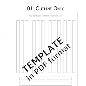 May include: Printable paper bead template in PDF format. The template includes instructions for making five box beads or fifteen rolled beads, all 3/8 inch wide. The template is available in ten different colors, sold separately.  The image shows examples of bead variations that can be made with the template.