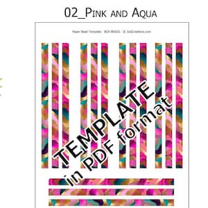 May include: Printable paper bead template in pink and aqua colors. The template includes instructions for making box beads and rolled beads. The beads are 3/8 inch wide. The template is available as a digital download.  The text on the image reads "Printable Paper Bead Template", "02_Pink and Aqua", "TEMPLATE in PDF format", "Includes Digital Downloadable Printable File. NON-REFUNDABLE. This purchase does NOT include any physical product. Image is not to be traded, sold, gifted or shared in any way."