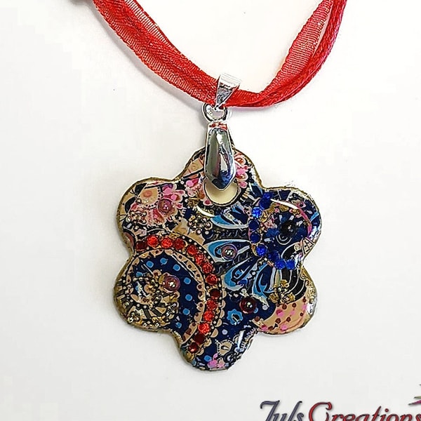 Boho/Bohemian Clover Resin and Clay Pendant, Multicolor, Red Ribbon Necklace, Silver Metal Beads, Decorative Bail, Lobster Claw Clasp. OOAK