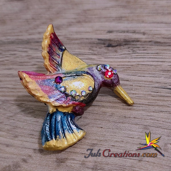 Graceful Jeweled Hummingbird Lapel Pin with Locking Back,  Multicolor Metallic: Gold, Pink, Blue, Purple. Clay, Acrylics, Swarovski Crystals