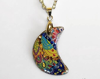 Boho/Bohemian Moon Resin and Clay Pendant Necklace, Multicolor, OOAK,Decorative Bail, Gold Metal Chain and Lobster Claw Clasp.