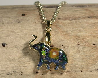 Blue Elephant Resin Pendant Necklace, Gold Metal Chain, Bail and Lobster Claw Clasp