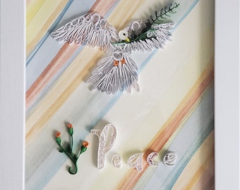 Framed, Paper Quilled Peace Dove, White Dove in Flight with Olive Branch in it's mouth, Quilled text "Peace", Handmade of 3mm Paper, 3D