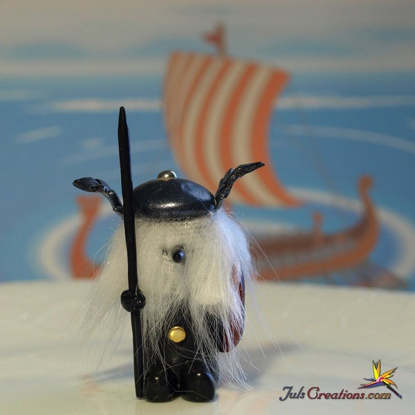 Cute Mini Viking Warrior "Ivar" - Hand Made Clay Collectible Figurine, Polymer Clay Statue, Faux Fur Hair, Shield, Spear, Winged Helmet