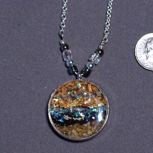 Nature Necklace, Earth Tone Layers Resin Pendant Necklace, Round Bezel, 14k Gold Leaf, Bail, Silver Metal Chain, Beads, Lobster Claw Clasp