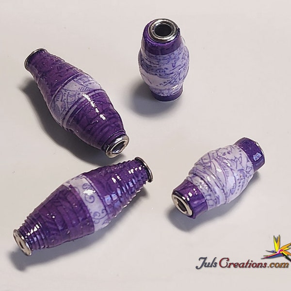 Set #011, 3mm holes, Purple Floral, Varied Sizes, Handmade, Paper Beads, Glossy Resin Coating, Stainless Steel Eyelets, Light Weight, Unique