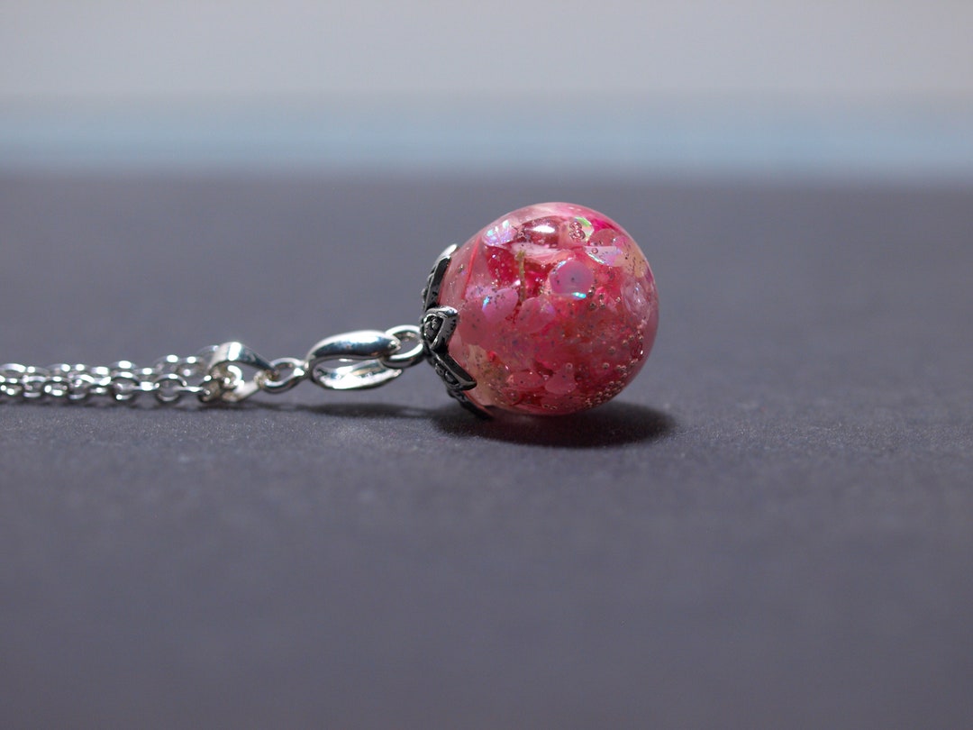 Pink Floral Resin Ball Pendant Necklace, Silver Chain - Etsy