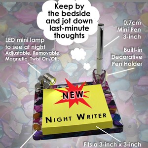 May include: A Night Writer bedside notepad set with a 4" x 4" resin base, colorful shell rock, LED mini lamp, and a 3-inch mini pen. The set includes a 3-inch x 3-inch sticky note pad. The notepad has the text "NIGHT WRITER" and "NEW".