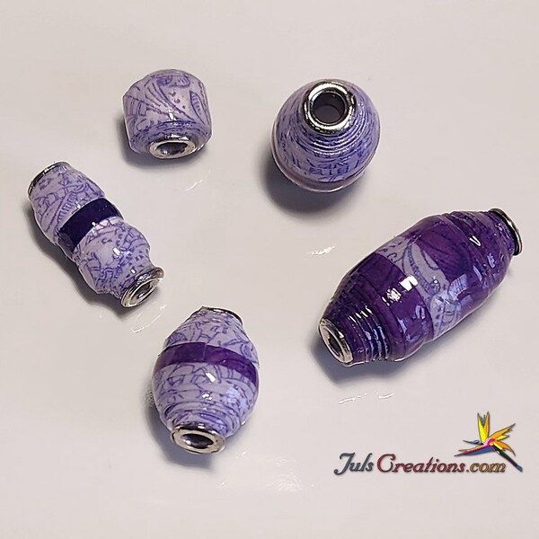 Set #012, 3mm holes, Purple Floral, Varied Sizes, Handmade, Paper Beads, Glossy Resin Coating, Stainless Steel Eyelets, Light Weight, Unique