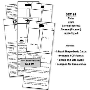 May include: A set of five paper bead guide cards labeled "SET #1". The cards feature diagrams of different bead shapes: Tube, Drum, Barrel (Tapered), Bi-cone (Tapered), and Layer-Styled. Each card includes size suggestions and instructions.