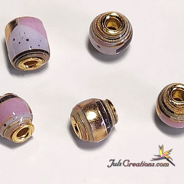 Set #028, 3mm holes, Pink White Gold, Slim, Handmade, Paper Beads, Resin Coating, Glossy, Gold Metal Eyelets, Ultra Light Weight, Unique.