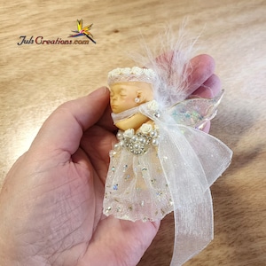 Polymer Clay Mini Fairy Baby, White, Asleep 2.5&quot; / 3&quot;, winged, OOAK, collectible, doll house, sculpture, figurine art, handmade