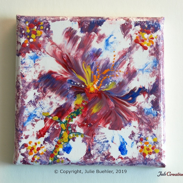 Small 6"x6" Original Hand Painted, Acrylic Artwork, Reverse Dip, Red Purple Blue Floral, One of a kind, Fluid Art, Canvas, Freeform