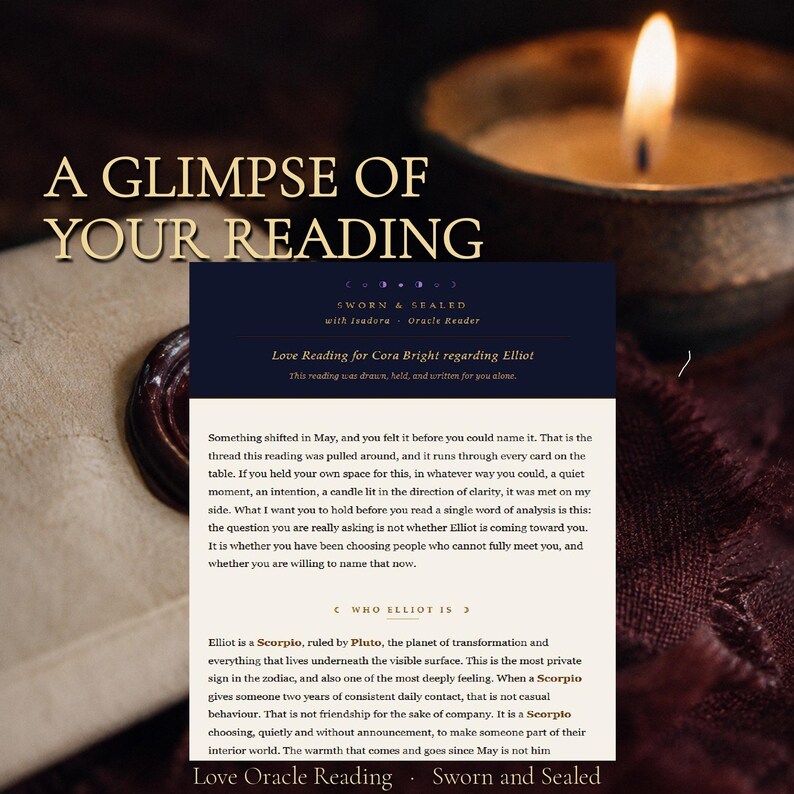 May include: A printed document titled A GLIMPSE OF YOUR READING, Love Reading for Cora Bright regarding Elliot, and WHO ELLIOT IS. The text discusses Scorpio, Pluto, and transformation. It is placed near a lit candle and a wax seal on paper.