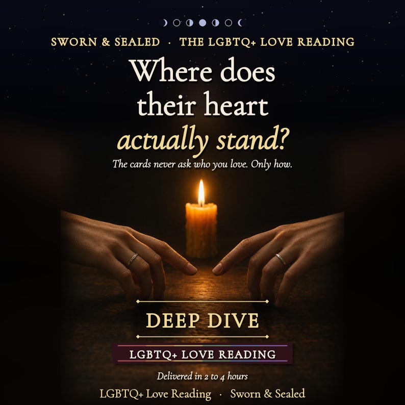 May include: A digital graphic featuring a lit candle centred between two hands. Text reads: SWORN & SEALED, THE LGBTQ+ LOVE READING, Where does their heart actually stand?, The cards never ask who you love. Only how., DEEP DIVE, LGBTQ+ LOVE READING.