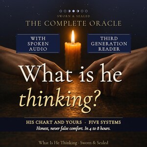May include: A dark promotional graphic for The Complete Oracle featuring a lit candle between two hands. Text includes: Sworn & Sealed, The Complete Oracle, With Spoken Audio, Third Generation Reader, What is he thinking?, His Chart and Yours, Five Systems.