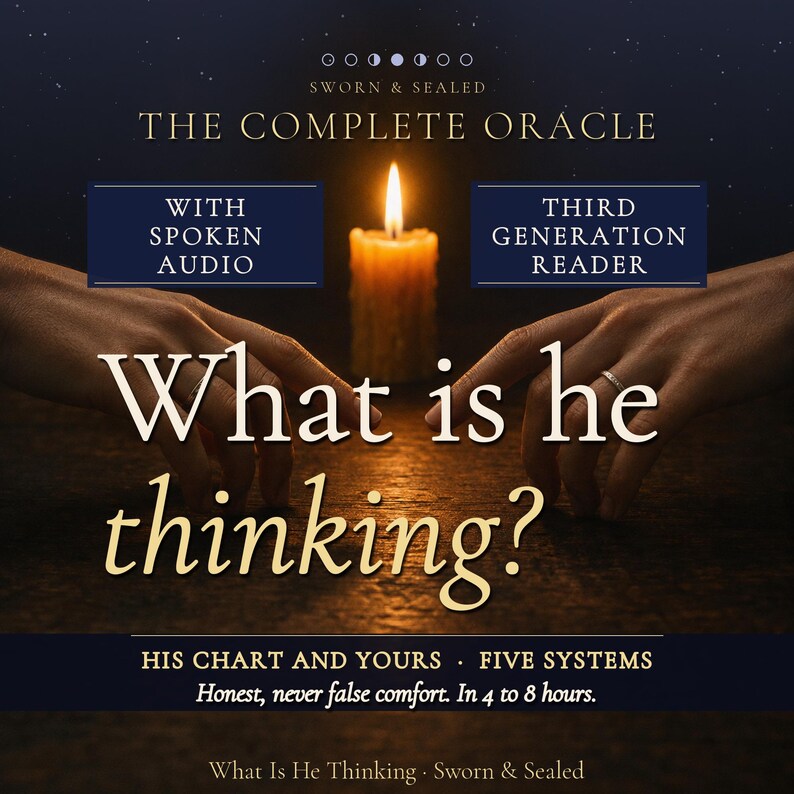 May include: A dark promotional graphic for The Complete Oracle featuring a lit candle between two hands. Text includes: Sworn & Sealed, The Complete Oracle, With Spoken Audio, Third Generation Reader, What is he thinking?, His Chart and Yours, Five Systems.