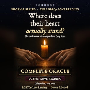 K&ouml;nnte beinhalten: Eine digitale Grafik f&uuml;r ein LGBTQ+ Liebes-Reading mit einer brennenden Kerze zwischen zwei H&auml;nden. Der Text lautet: SWORN & SEALED, THE LGBTQ+ LOVE READING, Where does their heart actually stand?, The cards never ask who you love. Only how., COMPLETE ORACLE.