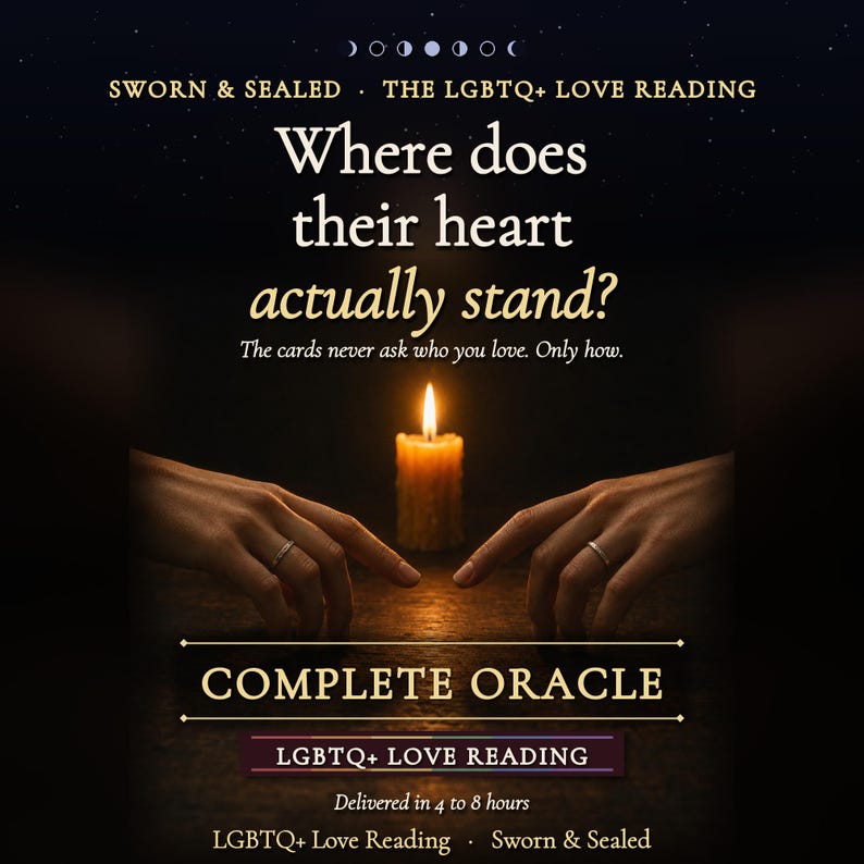 K&ouml;nnte beinhalten: Eine digitale Grafik f&uuml;r ein LGBTQ+ Liebes-Reading mit einer brennenden Kerze zwischen zwei H&auml;nden. Der Text lautet: SWORN & SEALED, THE LGBTQ+ LOVE READING, Where does their heart actually stand?, The cards never ask who you love. Only how., COMPLETE ORACLE.