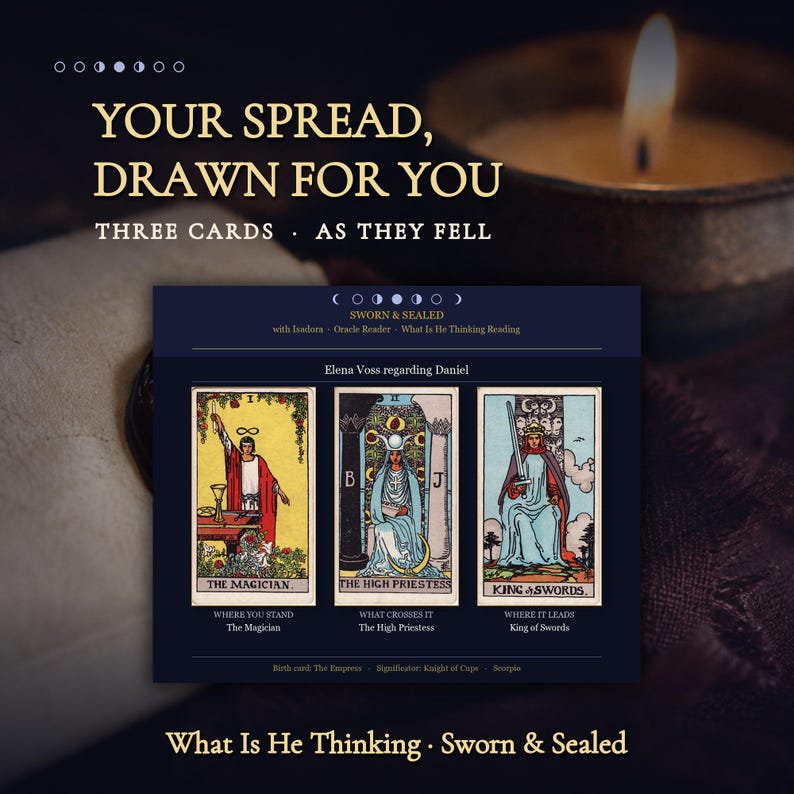 May include: A tarot reading graphic titled Your Spread, Drawn For You, Three Cards, As They Fell. It displays The Magician, The High Priestess, and King of Swords cards with labels for Elena Voss regarding Daniel and What Is He Thinking, Sworn & Sealed.
