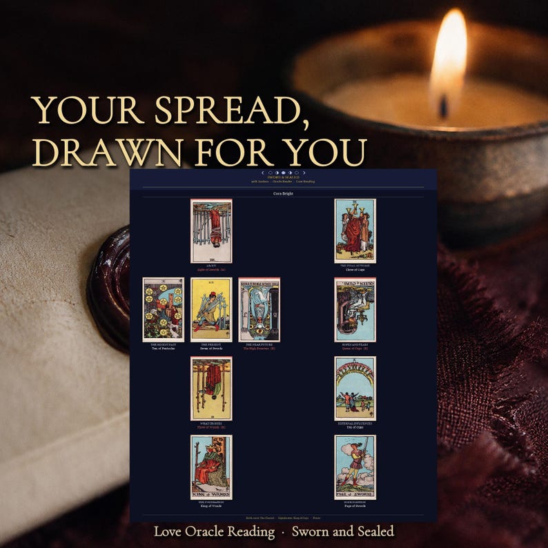 Puede incluir: Un dise&ntilde;o digital de tirada de cartas del tarot sobre un fondo oscuro con diez cartas, incluyendo el Diez de Oros, Siete de Espadas, La Sacerdotisa y el Rey de Bastos. El texto dice YOUR SPREAD, DRAWN FOR YOU y Love Oracle Reading - Sworn and Sealed.