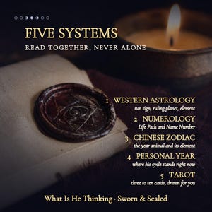 May include: A dark image featuring a wax seal with an eye symbol on parchment. Text reads: FIVE SYSTEMS, READ TOGETHER, NEVER ALONE. Lists include: 1 WESTERN ASTROLOGY, 2 NUMEROLOGY, 3 CHINESE ZODIAC, 4 PERSONAL YEAR, 5 TAROT. Bottom text: What Is He Thinking.
