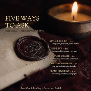 May include: A dark wax seal with an eye symbol on a light-colored envelope, next to a lit candle. Text reads: FIVE WAYS TO ASK, ONE TABLE, CHOOSE YOUR DEPTH, SINGLE FOCUS, DEEP DIVE, COMPLETE ORACLE, CELESTIAL BLUEPRINT, GRAND CEREMONY, Love Oracle Reading.