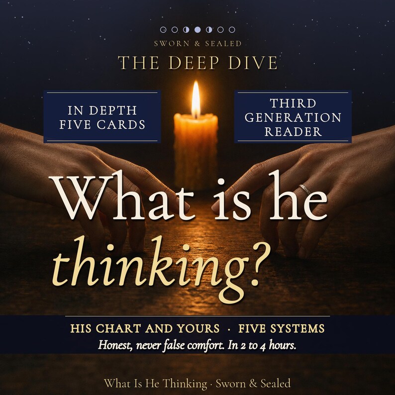May include: A dark graphic featuring a lit candle and text that reads: SWORN & SEALED THE DEEP DIVE, IN DEPTH FIVE CARDS, THIRD GENERATION READER, What is he thinking?, HIS CHART AND YOURS, FIVE SYSTEMS, Honest, never false comfort. In 2 to 4 hours.