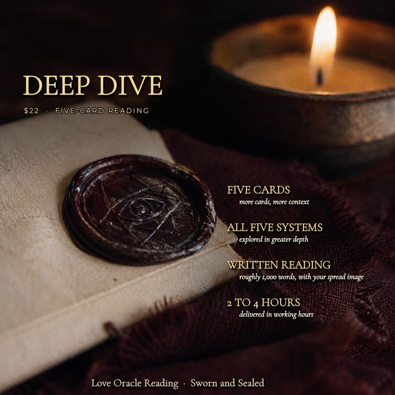 May include: A cream-coloured envelope sealed with a dark brown wax seal featuring an eye symbol. Text includes DEEP DIVE, FIVE-CARD READING, FIVE CARDS, ALL FIVE SYSTEMS, WRITTEN READING, 2 TO 4 HOURS, and Love Oracle Reading - Sworn and Sealed.