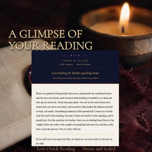 Puede incluir: Un documento impreso titulado A GLIMPSE OF YOUR READING con el texto Love Reading for Rachel regarding Elena. El documento presenta un encabezado azul oscuro con el texto SWORN & SEALED with Isadora Oracle Reader y un cuerpo de color crema.