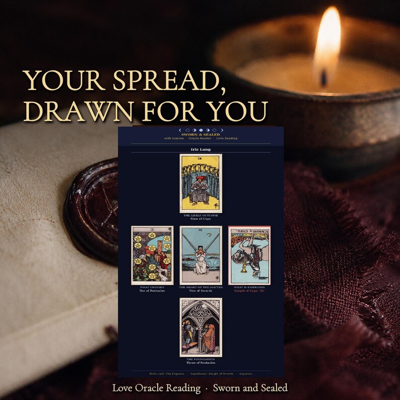 May include: A tarot card reading print titled YOUR SPREAD, DRAWN FOR YOU, featuring five cards: Nine of Cups, Ten of Pentacles, Two of Swords, Knight of Cups reversed, and Three of Pentacles. The text includes SWORN & SEALED and Love Oracle Reading.