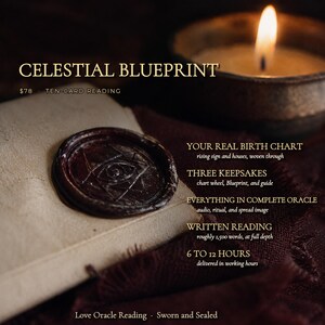 Puede incluir: Un sobre de color crema sellado con un sello de cera marr&oacute;n oscuro que muestra un s&iacute;mbolo de ojo. El texto dice: CELESTIAL BLUEPRINT, TEN-CARD READING, YOUR REAL BIRTH CHART, THREE KEEPSAKES, EVERYTHING IN COMPLETE ORACLE, WRITTEN READING, 6 TO 12 HOURS.