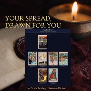 K&ouml;nnte beinhalten: Ein digitales Tarot-Karten-Layout mit dem Titel YOUR SPREAD, DRAWN FOR YOU, das sieben Karten zeigt, darunter die Zehn der Schwerter, Sieben der Kelche, Ass der M&uuml;nzen, Sieben der M&uuml;nzen, Der Stern, K&ouml;nigin der M&uuml;nzen und K&ouml;nig der St&auml;be.
