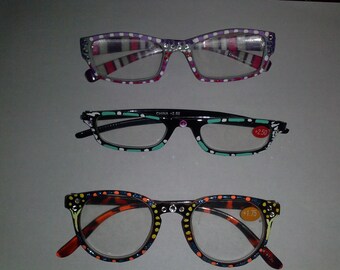 Free shipping when you buy 3 pair of hand painted reading glasses all strengths and colors