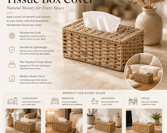 Handwoven Rectangular Tissue Box Cover, Natural Woven Decor Holder