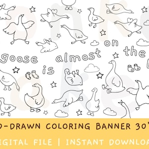 Chemin de table à colorier pour baby shower avec une oie rigolote dessinée à la main, activité pour fête d'enfants, bannière interactive 30" x 72" (modèle numérique)