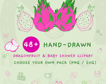 Handgetekende clipartbundel met drakenfruit voor een babyshower (SVG, PNG), tropische afbeeldingen, commercieel gebruik.