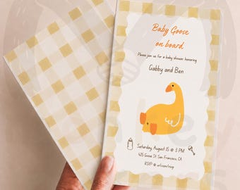 Uitnodiging voor een babyshower met een grappig gansje, handgetekende afbeeldingen, bewerkbare Canva-sjabloon (5x7 en mobiel), genderneutraal.