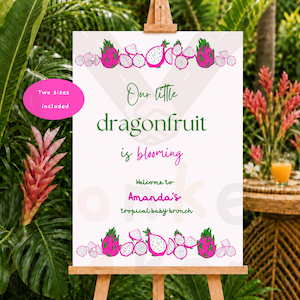 Letrero de bienvenida para baby shower con diseño de pitahaya dibujado a mano y borde de frutas tropicales (plantilla digital)