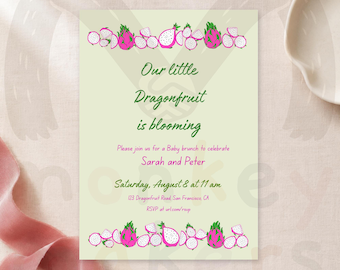 Uitnodiging voor een babyshower met drakenfruitmotief, handgetekende tropische afbeeldingen, bewerkbare Canva-sjabloon (5x7 en mobiel), bloeiend