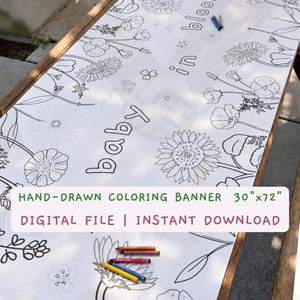 Camino de mesa para colorear con diseño floral dibujado a mano para baby shower, Bebé en flor, Actividad para fiestas infantiles, Pancarta de jardín botánico 30"x72" (Plantilla digital)