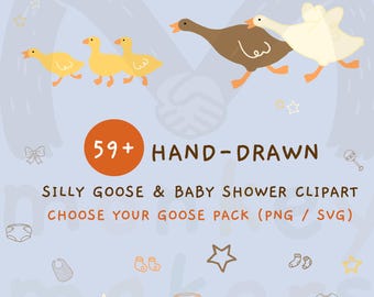 Handgetekende clipartbundel met gekke ganzen voor een babyshower (SVG, PNG), commercieel