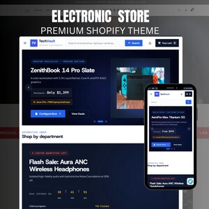 Puede incluir: Una visualización digital de un tema de Shopify para tienda electrónica que muestra el diseño de un sitio web de escritorio y una interfaz móvil. La pantalla presenta listados de productos para el ZenithBook 14 Pro Slate, auriculares Aura ANC y AeroPro Max Titanium 5G.