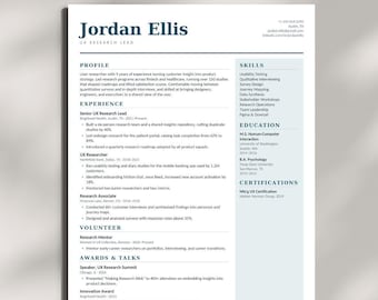 May include: A professional resume template for a UX Research Lead named Jordan Ellis. The document features a clean layout with dark blue headings, a two-column structure, and sections for profile, experience, skills, education, and certifications.
