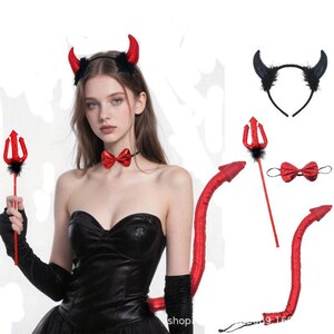 May include: A devil costume set featuring a red metallic headband with horns, a red metallic bow tie, a red metallic trident prop, and a red metallic tail. The set includes black and red horn headbands and matching accessories for a complete look.