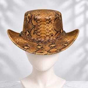 Kapelusz z cylindra ze skóry węża, nakrycie głowy w stylu western kowbojskim steampunk, styl pleciony