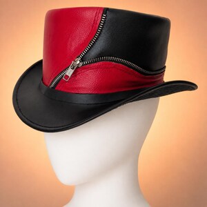Red Black Leather Top Hat Zipper Detail, Steampunk Gothic Hat, Two Tone Biker, Halloween Costume Cosplay For Him