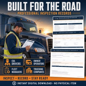 May include: A set of professional inspection records for commercial vehicles, including a tractor-trailer pre-trip inspection, a driver vehicle inspection report, and a repair certification log. The documents feature white paper with blue and orange text.